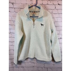 PINK Victoria's Secret Mint Sherpa Quarter‎ Zip Pullover Sweatshirt Dog Logo
